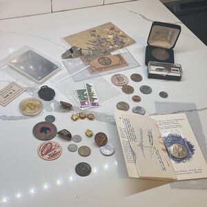 Estate sale bundle -Coins , cards , stamps , miscellaneous items.